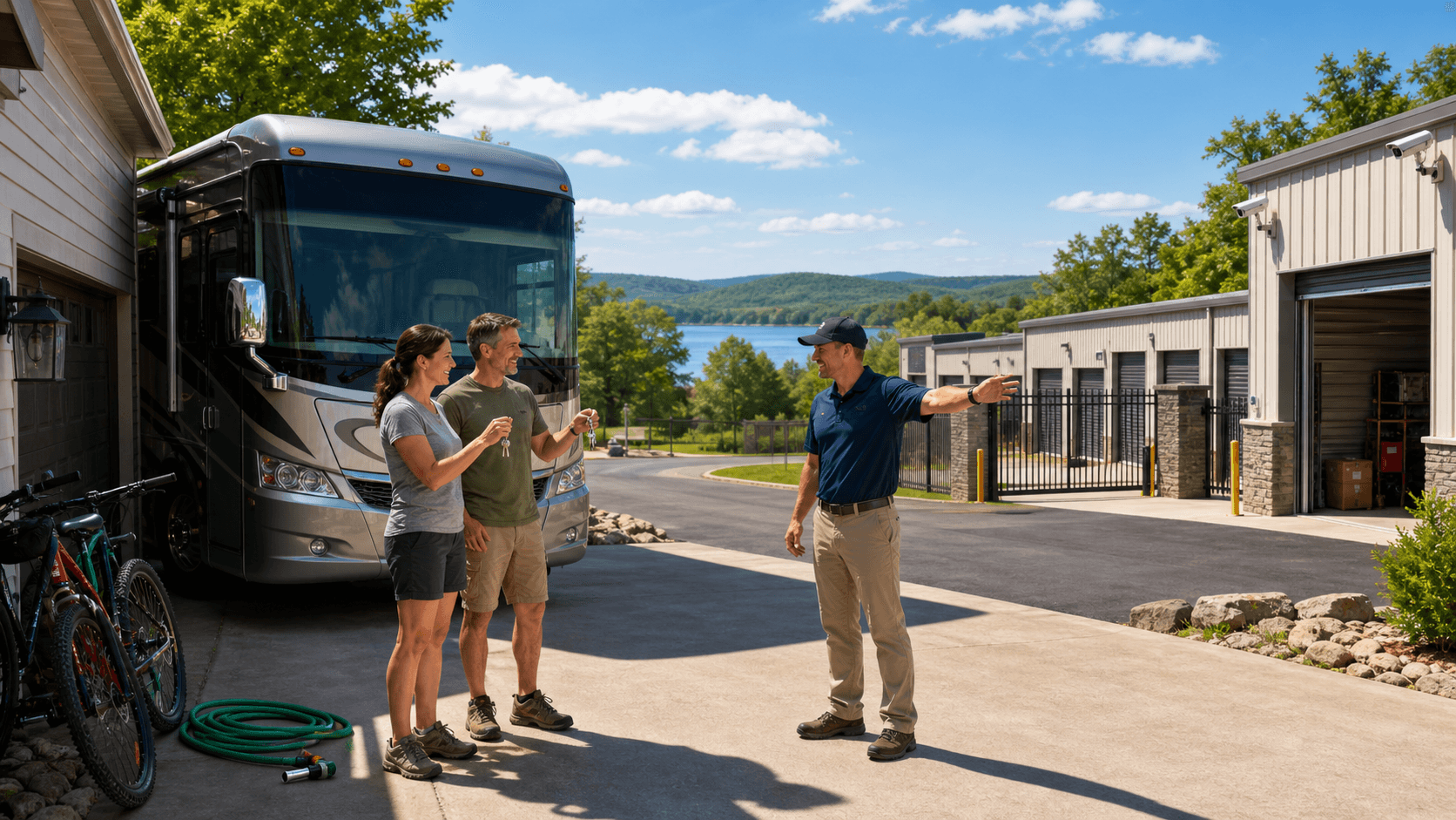 RV parked on a sunlit driveway beside a house, with a nearby fenced storage lot and lake backdrop under blue sky