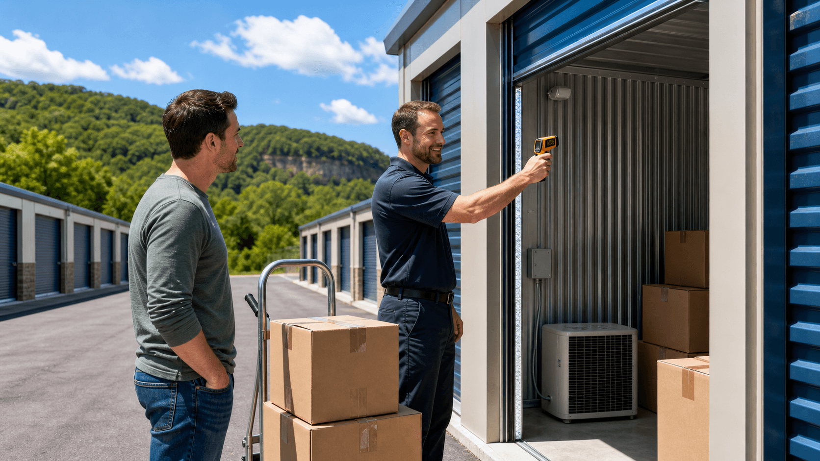 Sunlit storage units with roll-up doors, a thermostat icon overlay, and cloudy sky above in muted blue tones.