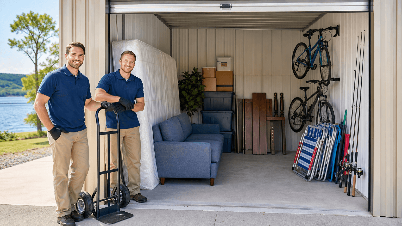 Open storage unit with stacked cardboard boxes, a couch, and lamps under warm overhead lighting, viewed head-on