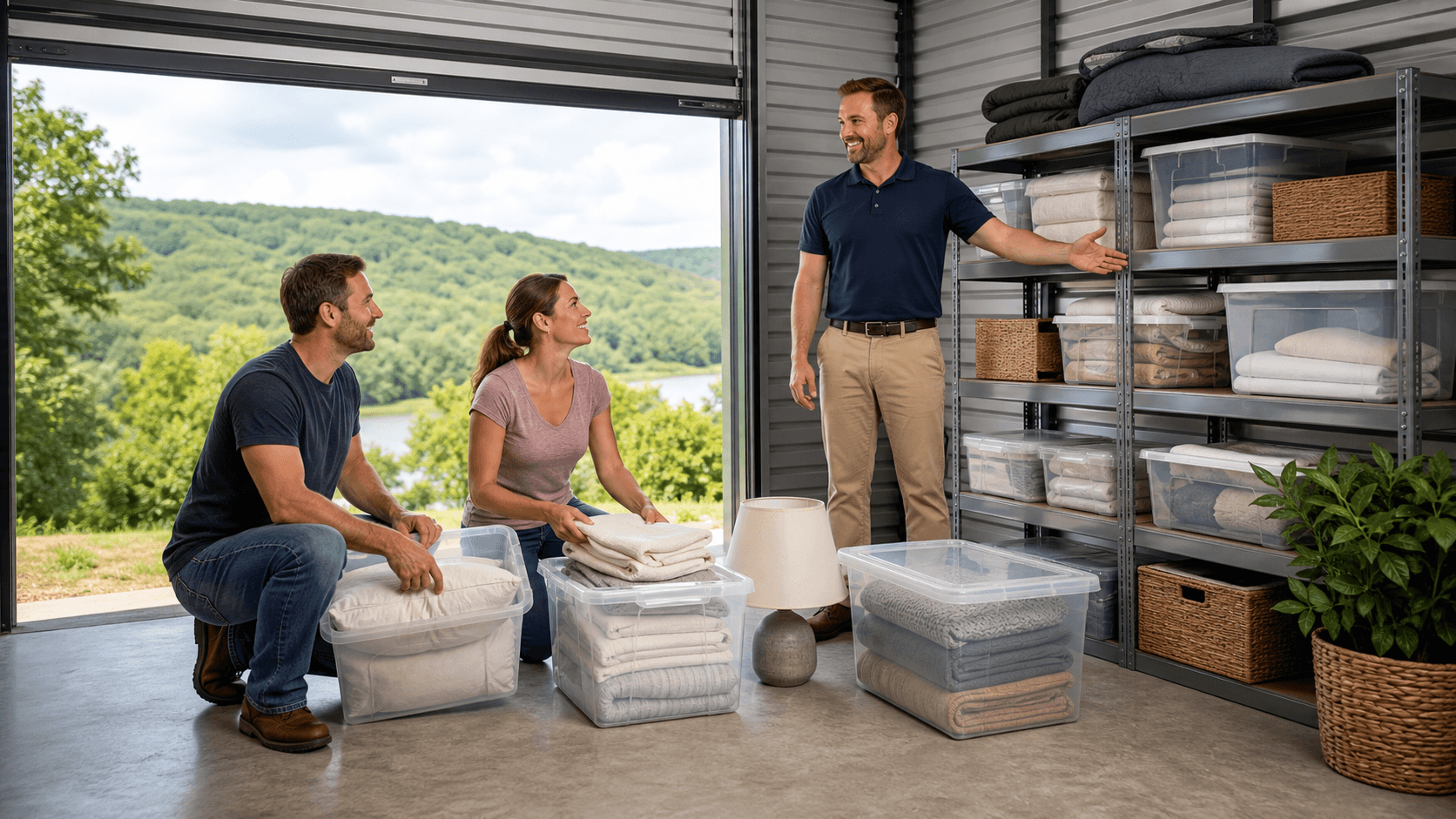 Neatly stacked moving boxes and clear storage bins in a bright, organized home interior.