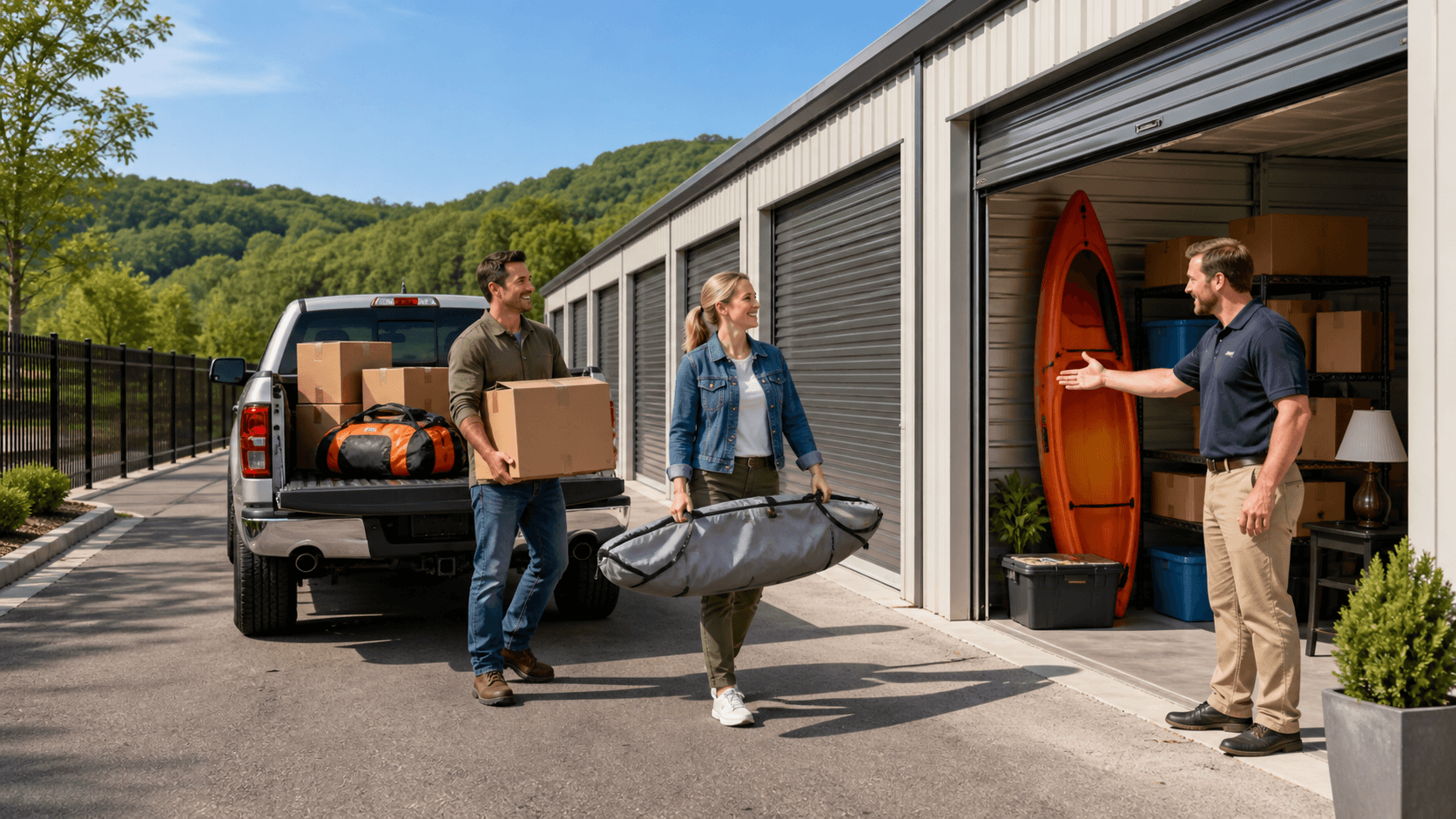 Sunlit storage units beside a paved driveway, with moving boxes and a parked pickup truck.